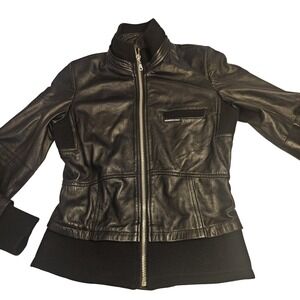 Members Only Jacket Womens Medium Lambskin Leather Full Zip Bomber Ribbed Trim